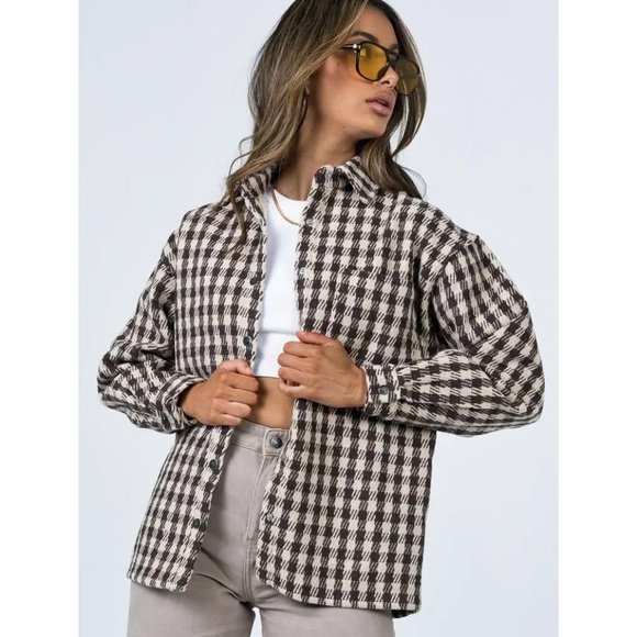 Princess Polly Harry Brown Beige Check Plaid Poly Wool Jacket S/M - Picture 2 of 9